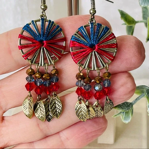 FERRIS WHEEL Southwestern pinwheel DANGLE earring gold feather leaf dangling - Picture 6 of 12